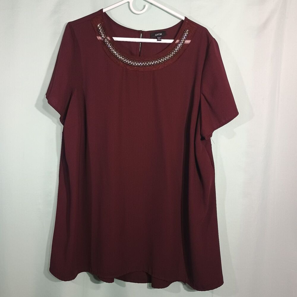 Women’s Burgundy Embellished Neck Blouse – Short Sleeve Flowy Dressy Top